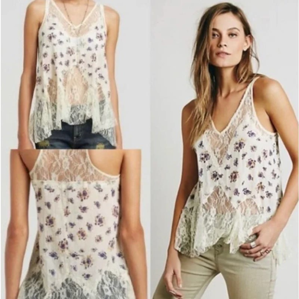 FREE PEOPLE White Floral & Lace Tank Tunic Size XS Casual comfort summer spring